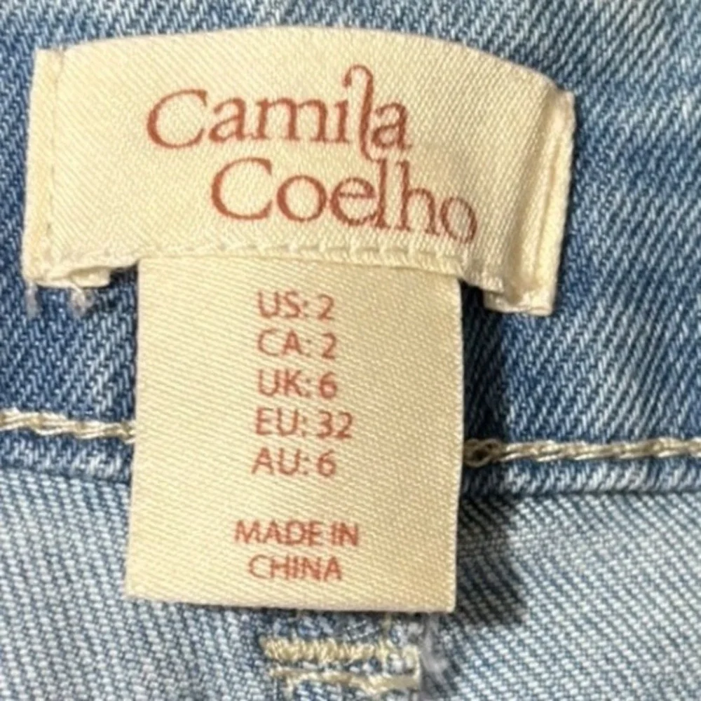 Camila Coelho High Waist Midi Studded Denim Shorts Light Wash Blue‎ Boho Rocker